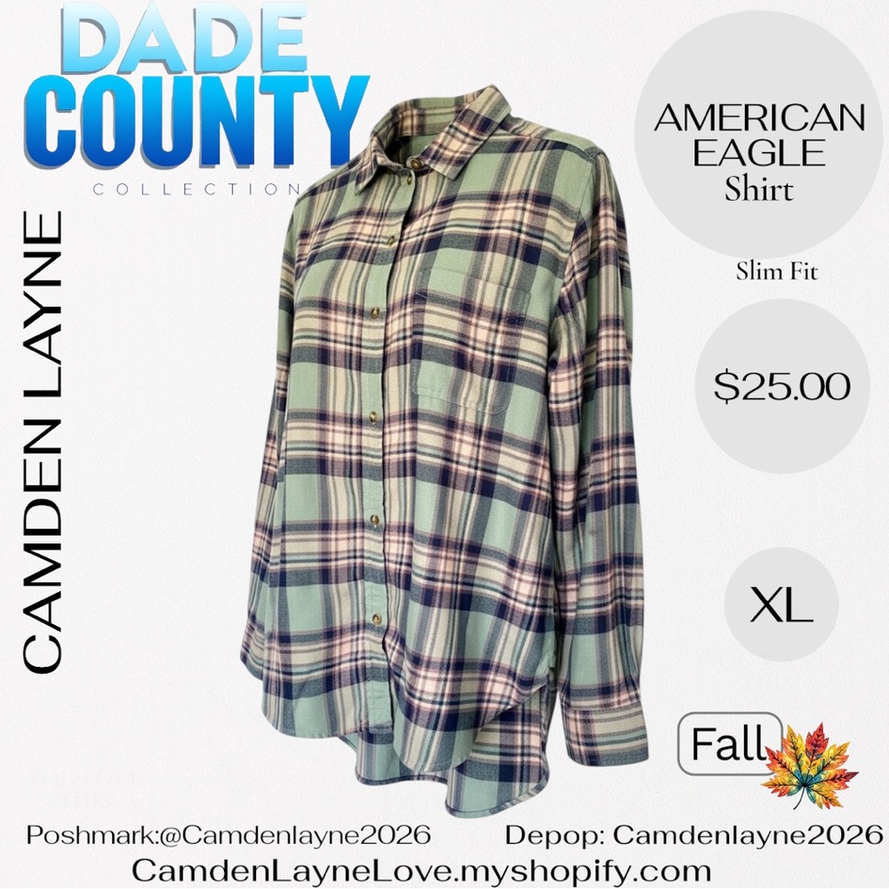American Eagle Green, Purple and Pink Plaid Shirt - Picture 4 of 6